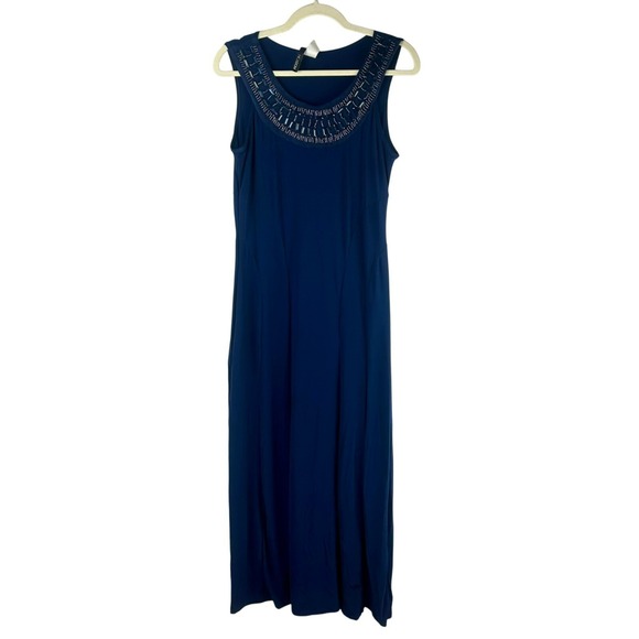 Nick & Dom Jersey Knit Maxi Dress Women Medium Navy Blue Beaded Neck Stretch - Picture 2 of 9